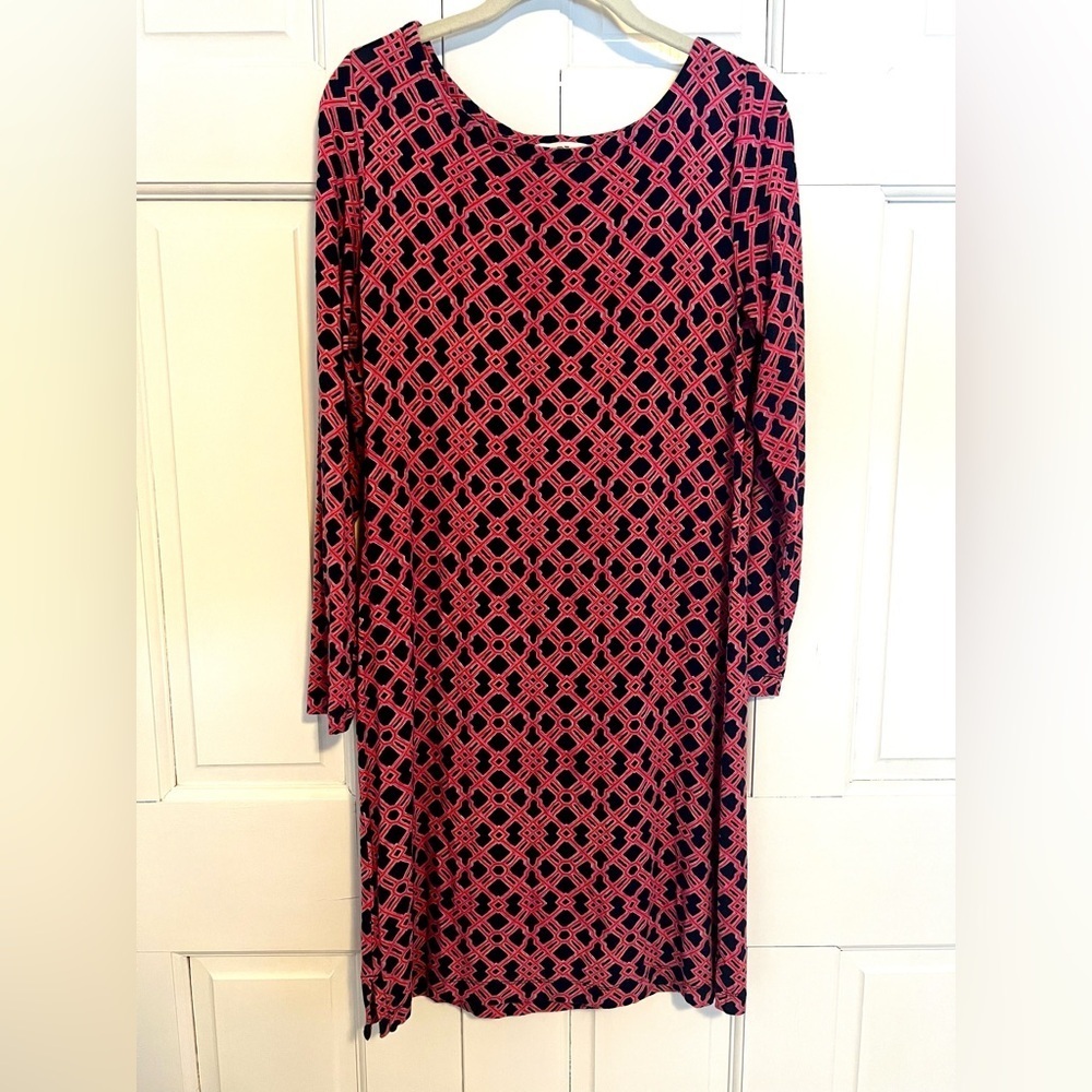 Vineyard Vines Navy Blue Pink Trellis Print Long Sleeve Midi Dress XS